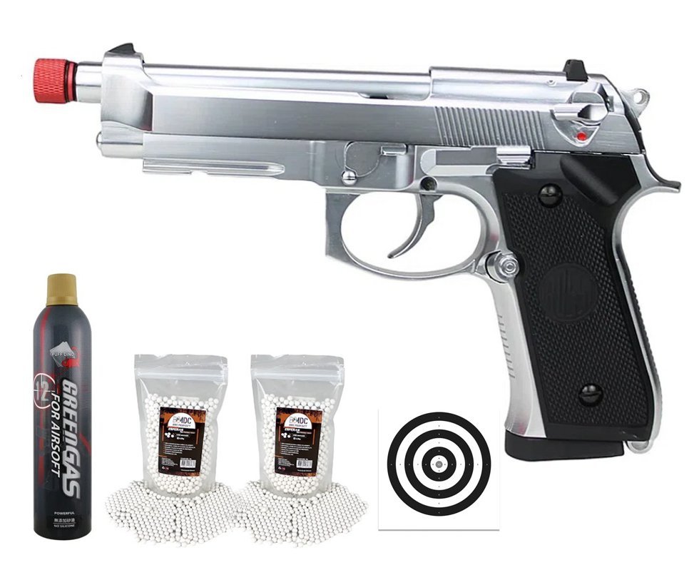 Pistola de Airsoft Gás GBB M92 Silver Full Metal 6mm - Rossi + Green Gás + BBs + Alvos
