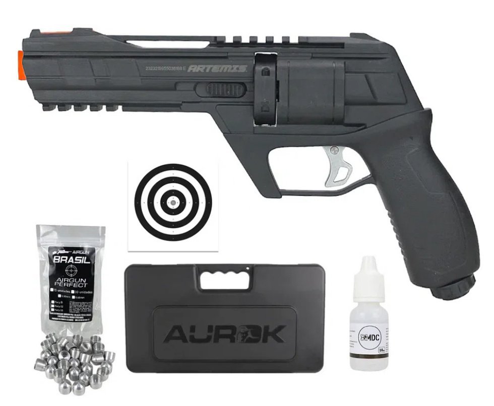 Revólver de Pressão HDR CO2 CP300 Defender .50 - Artemis + Case + 60 Munição First Strike + Alvos + Oleo de Silicone