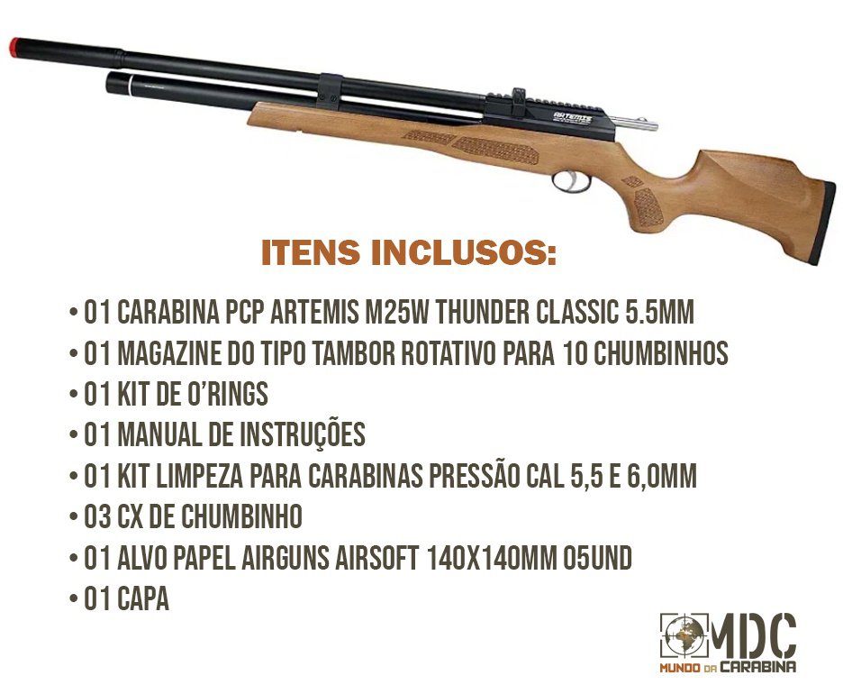 Carabina PCP Artemis M25W Thunder Classic 5.5mm - FXR + Kit limpeza + Chumbinho + Alvos + Capa