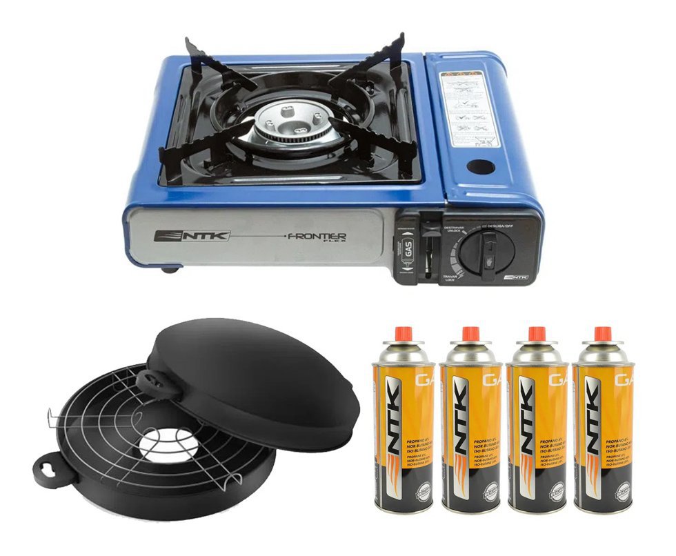 Fogareiro Frontier Portatil Para Cozinha E Camping Azul - Nautika + Home Grill Para Fogão E Fogareiro + 4 Refil Gás