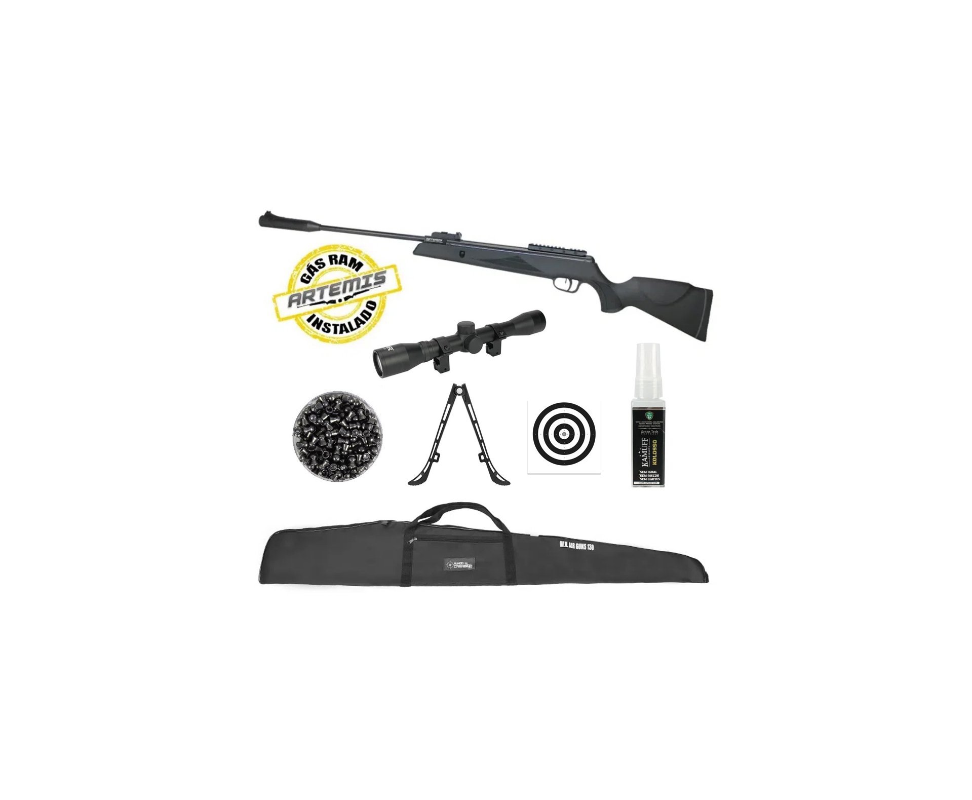 Carabina de Pressão Black Hawk 6,0mm Gas Ram Nitro Artemis FXR + Chumbinho + Bipé + Alvos + Kamuff + Luneta 4x32 + Capa