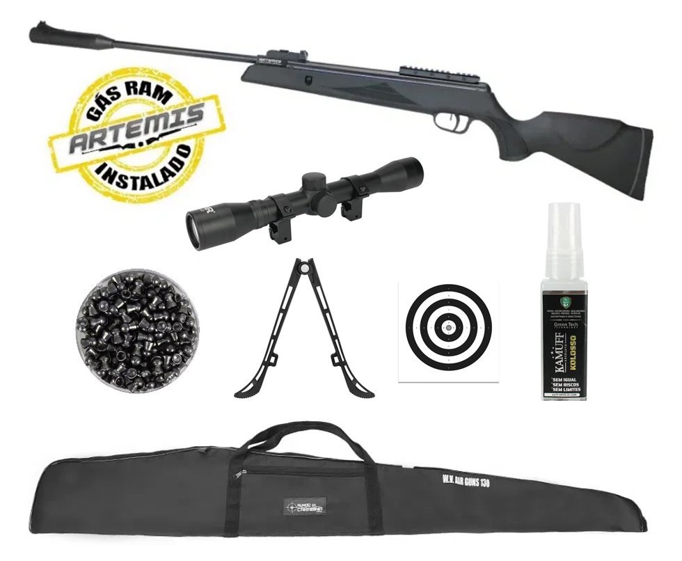 Carabina de Pressão Black Hawk 6,0mm Gas Ram Nitro Artemis FXR + Chumbinho + Bipé + Alvos + Kamuff + Luneta 4x32 + Capa