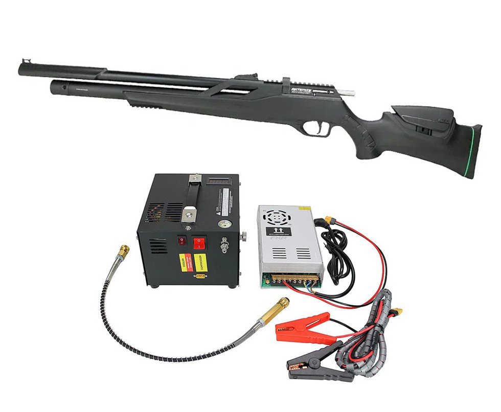 Carabina de Pressão PCP Artemis T-REX 5.5mm com Válvula Reguladora - Fixxar + Compressor Portátil Trivolt Compact para Carabina PCP - FXR