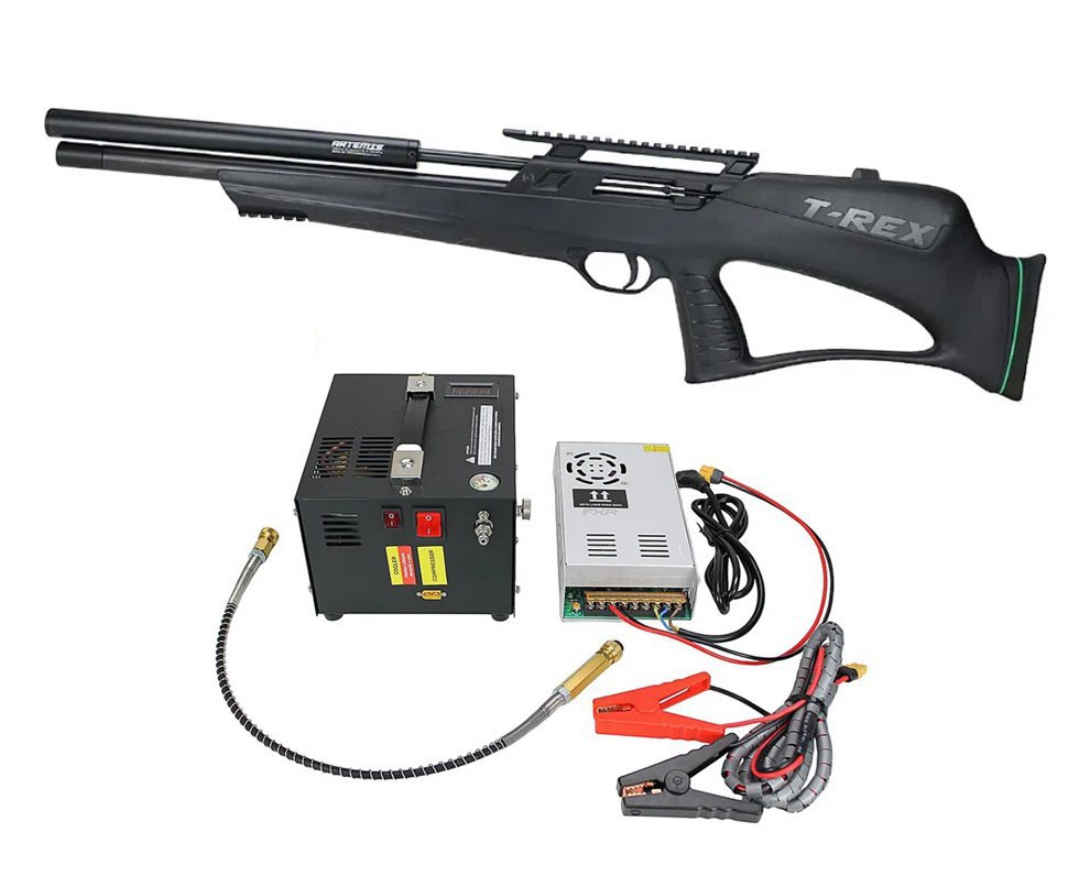 Carabina de Pressão PCP Artemis T-REX Bullpup 5,5mm com Válvula Reguladora - Fixxar + Compressor Portátil Trivolt Compact para Carabina PCP - FXR