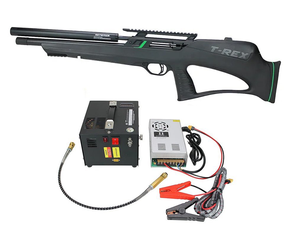 Carabina de Pressão PCP Artemis T-REX Bullpup 4,5mm com Válvula Reguladora - Fixxar + Compressor Portátil Trivolt Compact para Carabina PCP - FXR