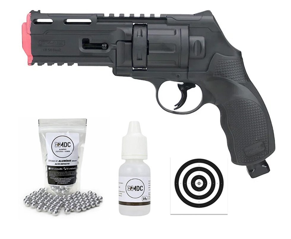 Revólver de Pressão CO2 HDR T4F .50 GEN2 Defense Umarex LTL + Esferas + Alvos + Oleo de Silicone