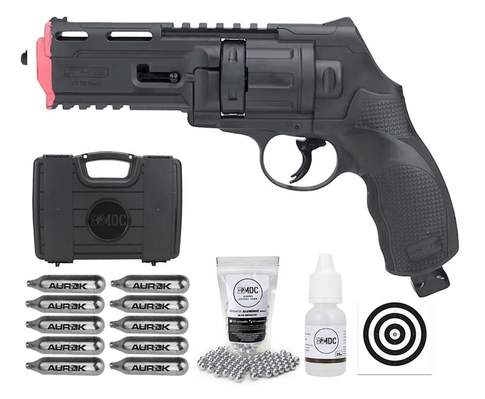 Revólver de Pressão CO2 HDR T4F .50 GEN2 Defense Umarex LTL + Maleta/Case + Esferas + Alvos + Oleo de Silicone + 10 Co2