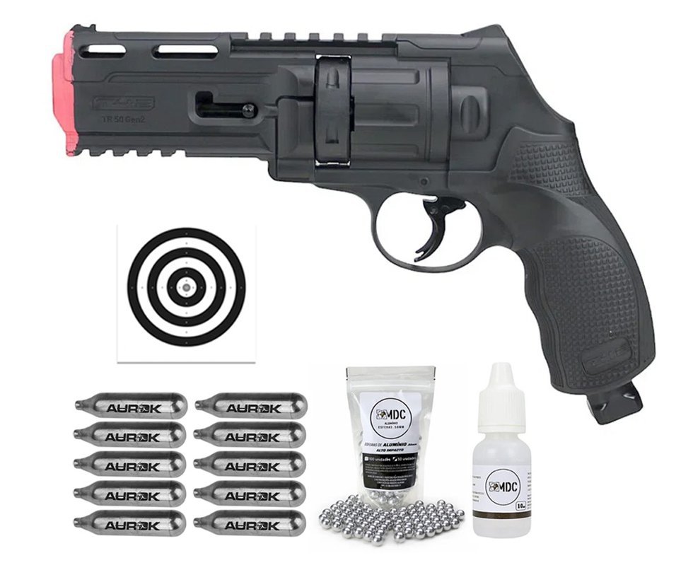 Revólver de Pressão CO2 HDR T4F .50 GEN2 Defense Umarex LTL + Esferas + Alvos + Oleo de Silicone + 10 Co2