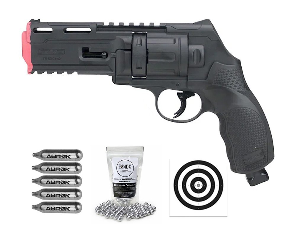 Revólver de Pressão CO2 HDR T4F .50 GEN2 Defense Umarex LTL + Esferas + Alvos + 5 Co2