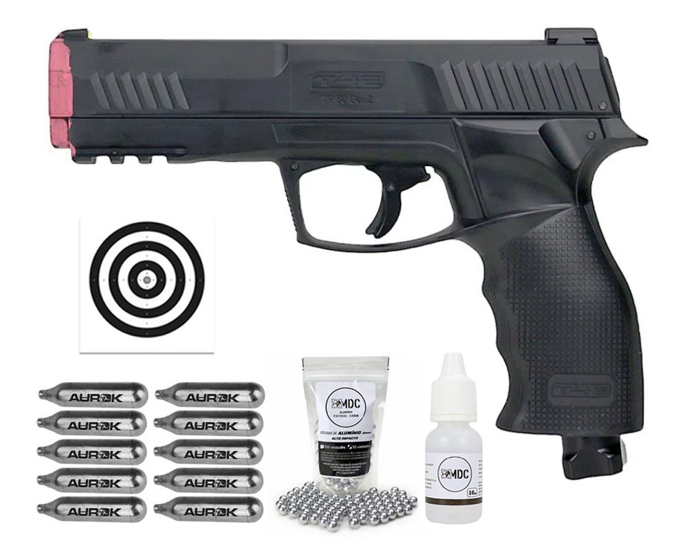 Pistola de Pressão CO2 HDP T4E P320 Defense GEN2 Cal .50 LTL Umarex + Esferas + Alvos + Óleo de Silicone + 10 Co2