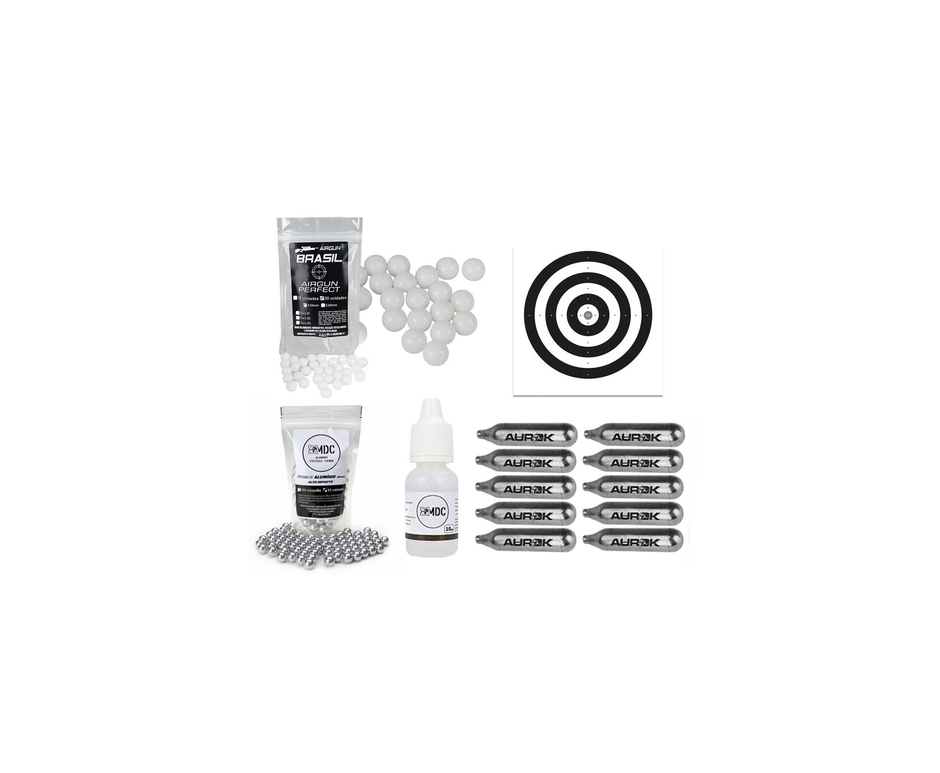 Esfera Munição BBS HDP/HDR Paintball .50 12,7mm com 30un - STG + Esfera de Alumínio 0.50 + 10 Co2 + Oleo de Silicone + Alvos