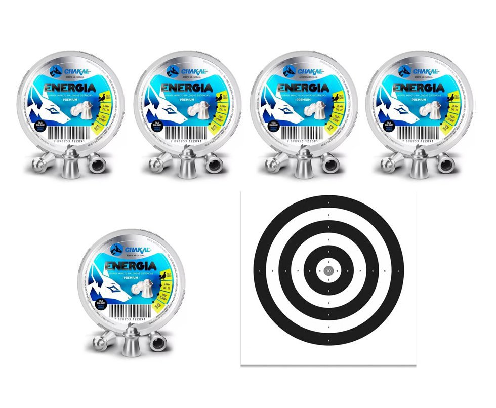 Kit 05 Cx Chumbinho Energia Calibre 5,5 Mm - 125 Unidades - Chakal + Alvos