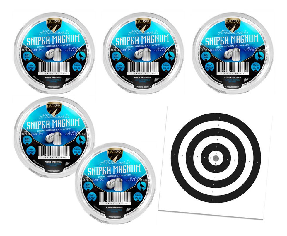 Kit 05 Cx Chumbinho De Pressão Tuareg Sniper Magnum 5,5mm + Alvos