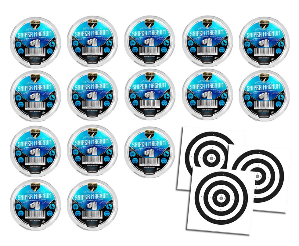 Kit 15 Cx Chumbinho De Pressão Tuareg Sniper Magnum 5,5mm + Alvos