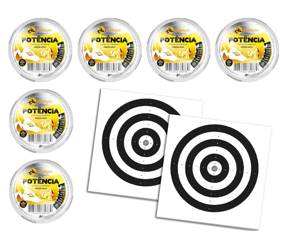 Ki 06 Cx Chumbinho Pressão Potencia Latonado Gold 5,5mm - 125Unids + Alvos