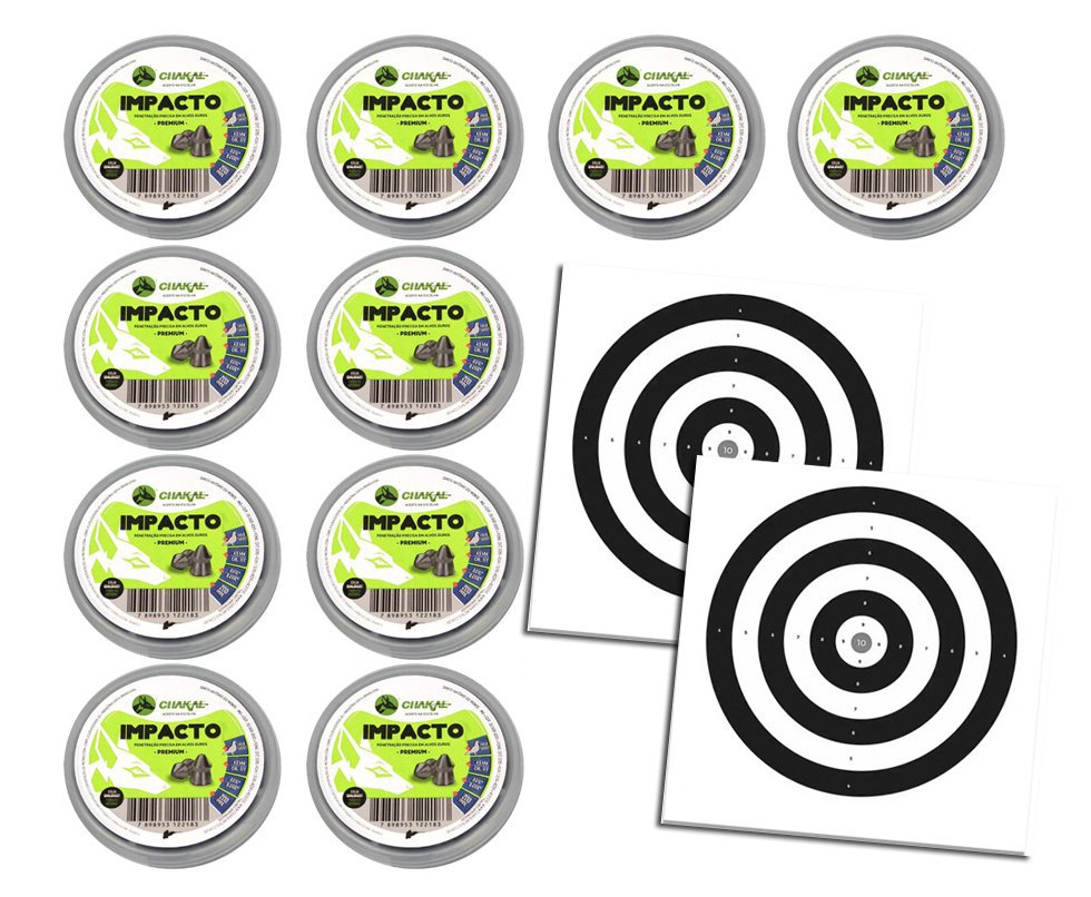Kit 10 Cx Chumbinho Impacto Calibre 4,5mm - 200 Unidades - Chakal + Alvos