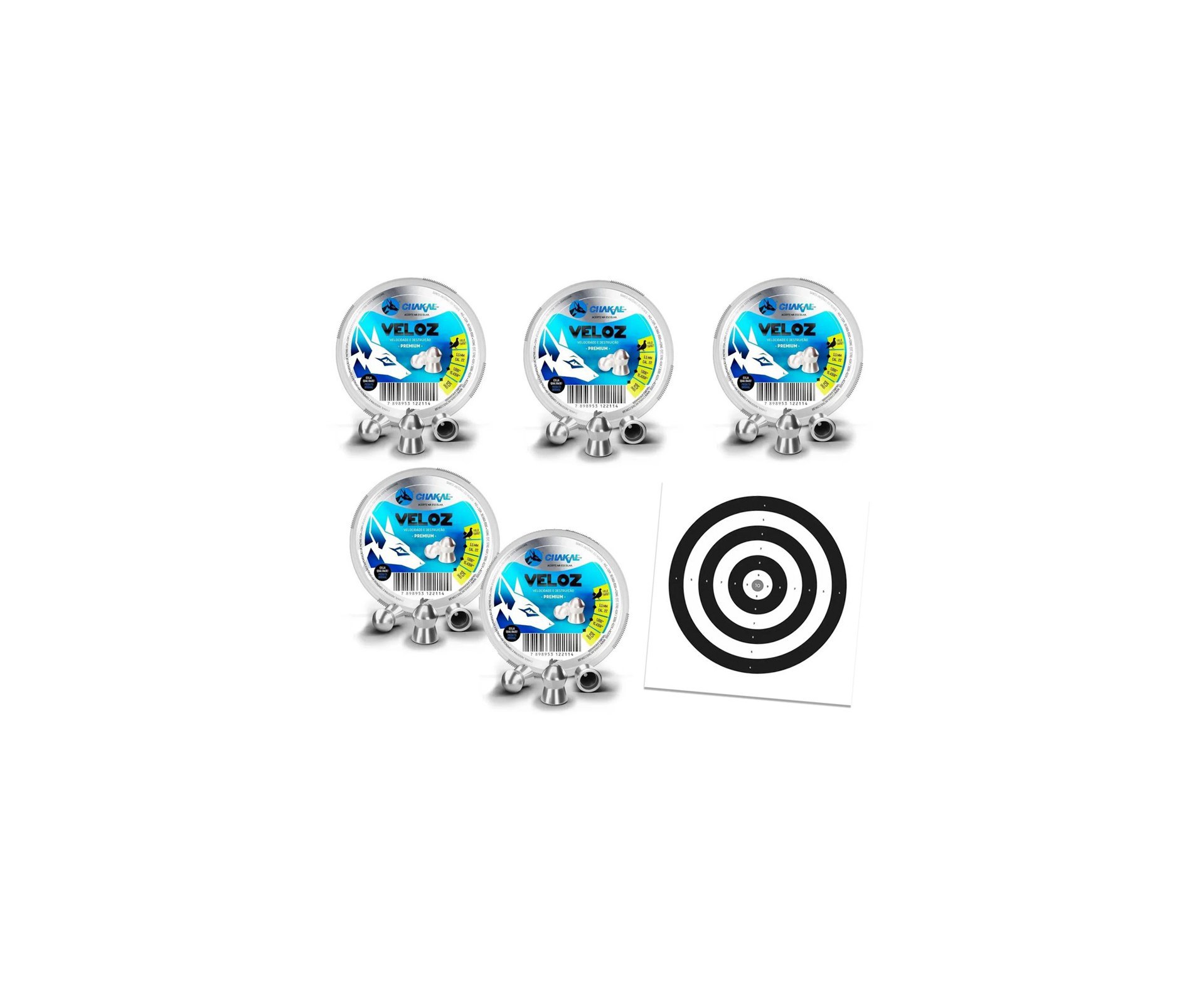 Kit 05 Cx Chumbinho Veloz Calibre 5,5 Mm - 125 Unidades - Chakal + Alvos