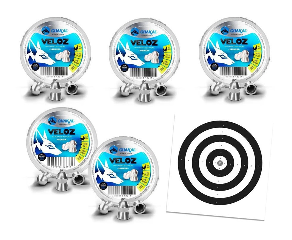 Kit 05 Cx Chumbinho Veloz Calibre 5,5 Mm - 125 Unidades - Chakal + Alvos