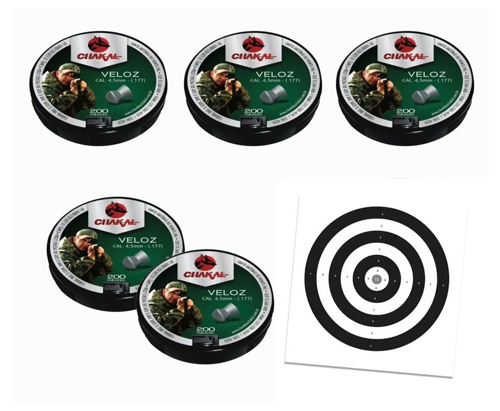 Kit 05 Cx Chumbinho Veloz Calibre 4,5 Mm - 200 Unidades - Chakal + Alvos