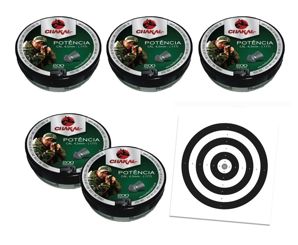 Kit 05 Cx Chumbinho Potência Calibre 4,5 Mm - 200 Unidades - Chakal + Alvos