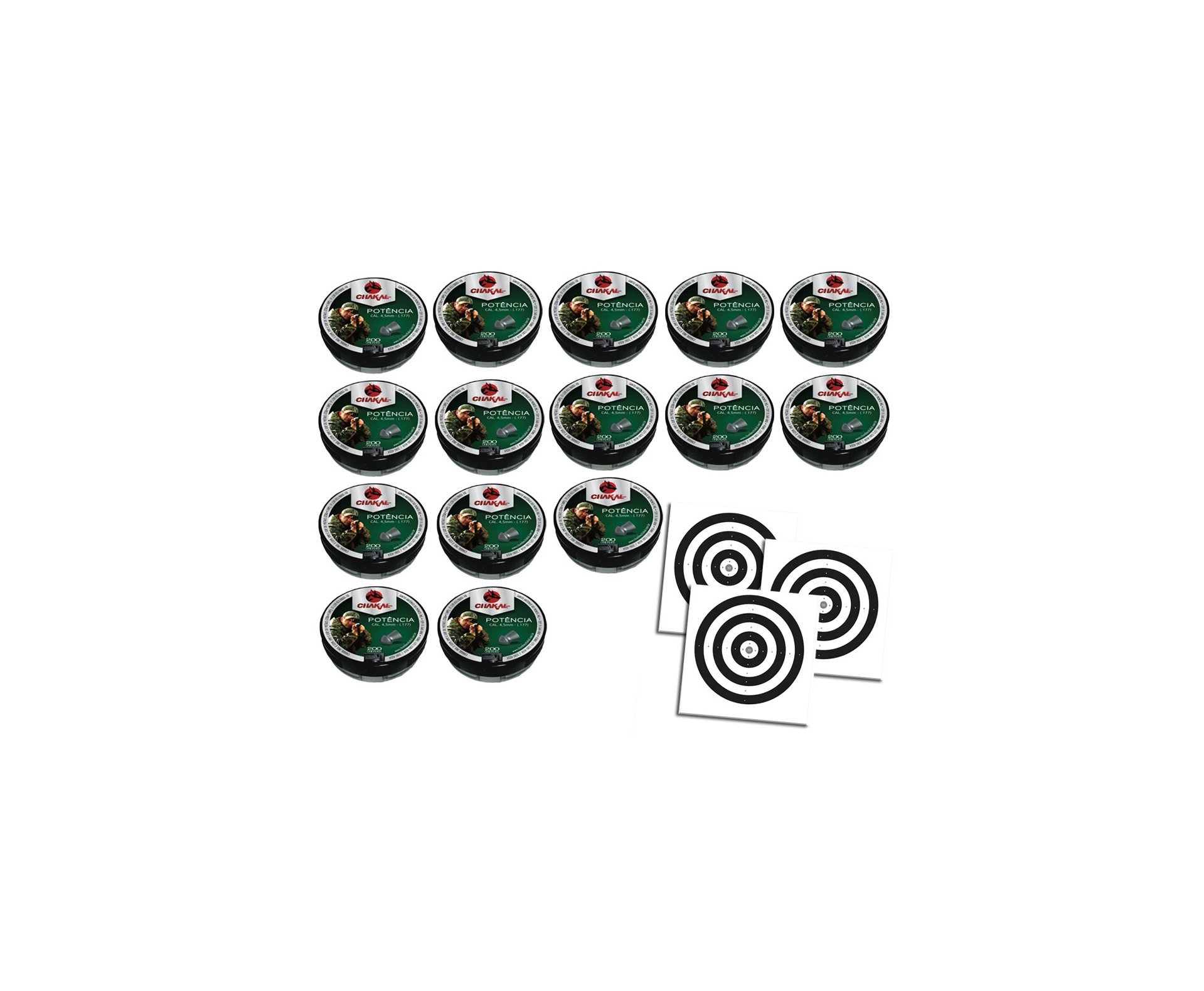 Kit 15 Cx Chumbinho Potência Calibre 4,5 Mm - 200 Unidades - Chakal + Alvos