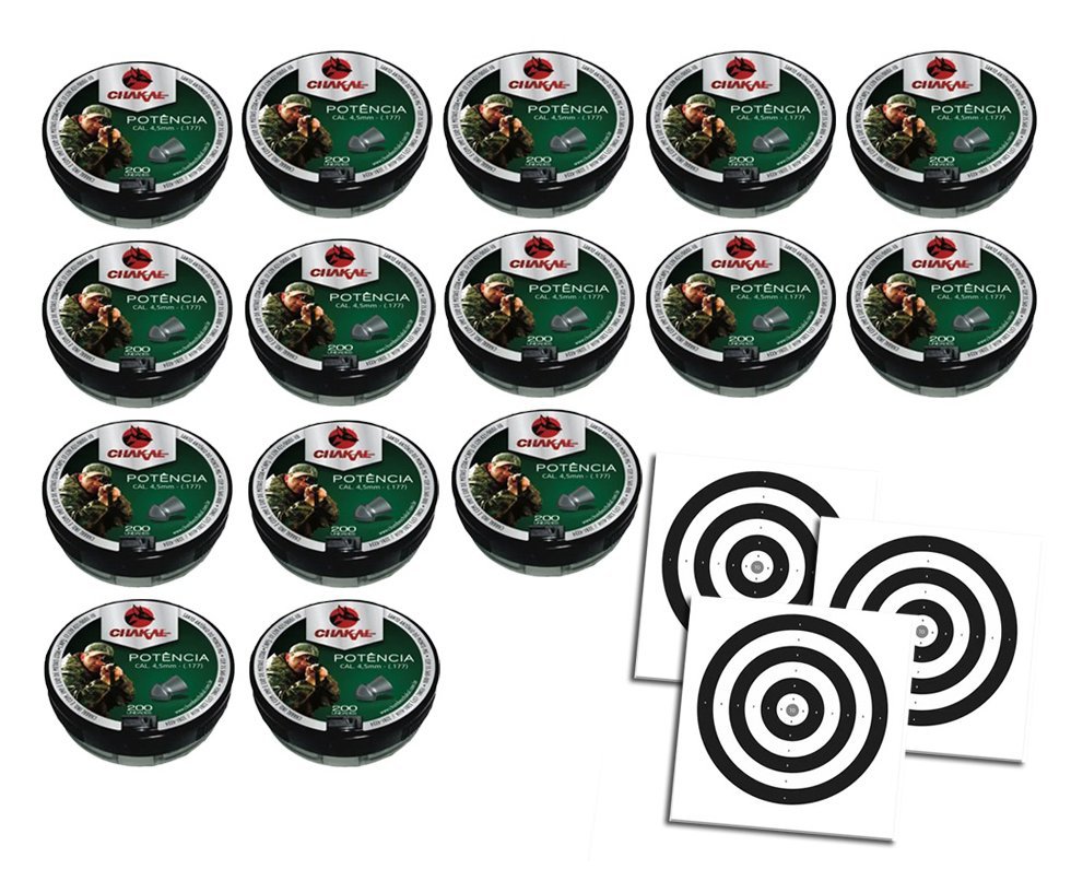 Kit 15 Cx Chumbinho Potência Calibre 4,5 Mm - 200 Unidades - Chakal + Alvos