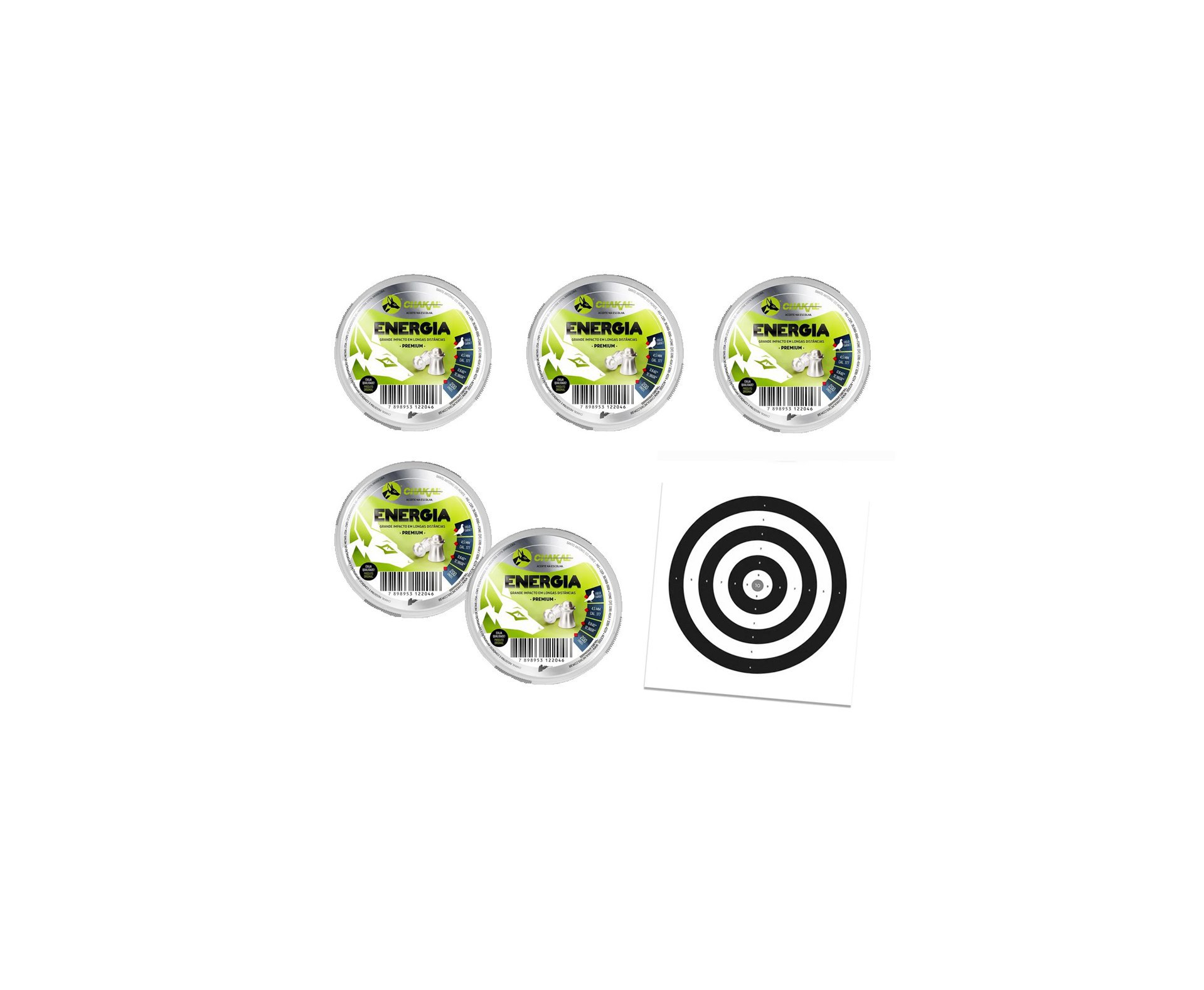 Kit 05 Cx Chumbinho Energia Calibre 4,5 Mm - 200 Unidades - Chakal + Alvos