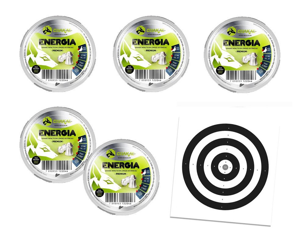 Kit 05 Cx Chumbinho Energia Calibre 4,5 Mm - 200 Unidades - Chakal + Alvos