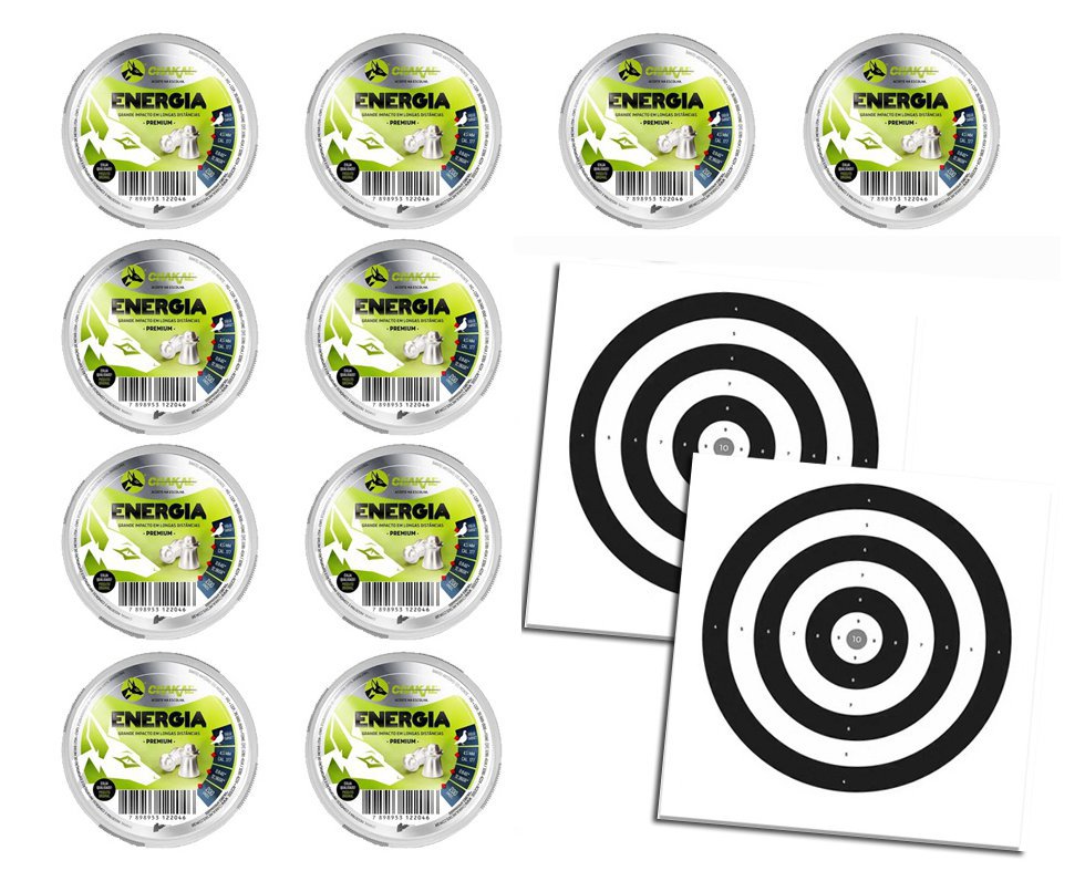 Kit 10 Cx Chumbinho Energia Calibre 4,5 Mm - 200 Unidades - Chakal + Alvos