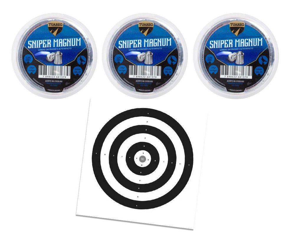 Kit 03 Cx Chumbinho de Pressão Sniper Magnum 5,5mm Tuareg Preminum 125und - Chakal + Alvos