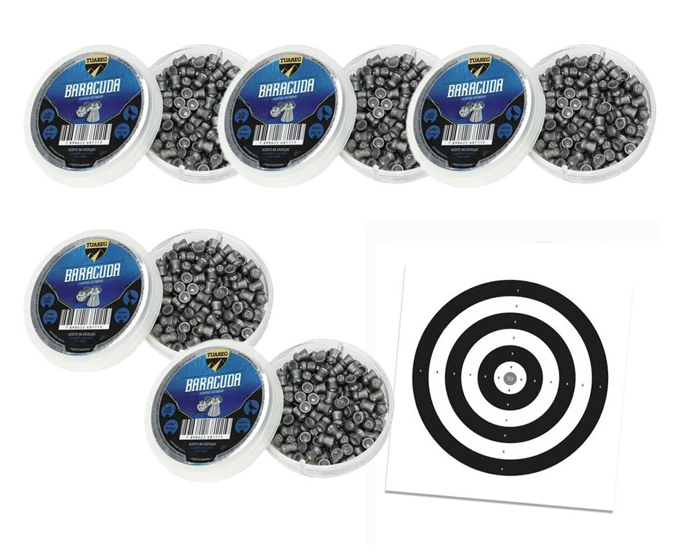 Kit 05 Cx Chumbinho De Pressão Tuareg Baracuda Hunter Extreme 5,5mm + Alvos