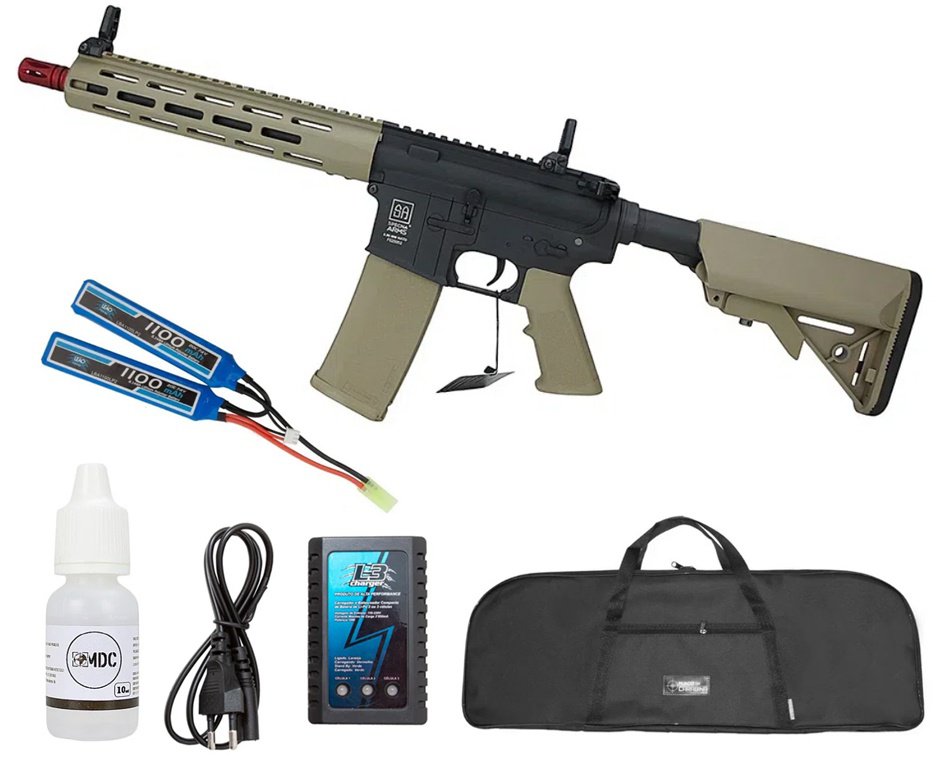 Rifle de Airsoft AEG M4 SA-F03 Flex Half Tan M-LOK - Specna Arms + Bateria 7.4 + Carregador + Capa + Oleode Silicone