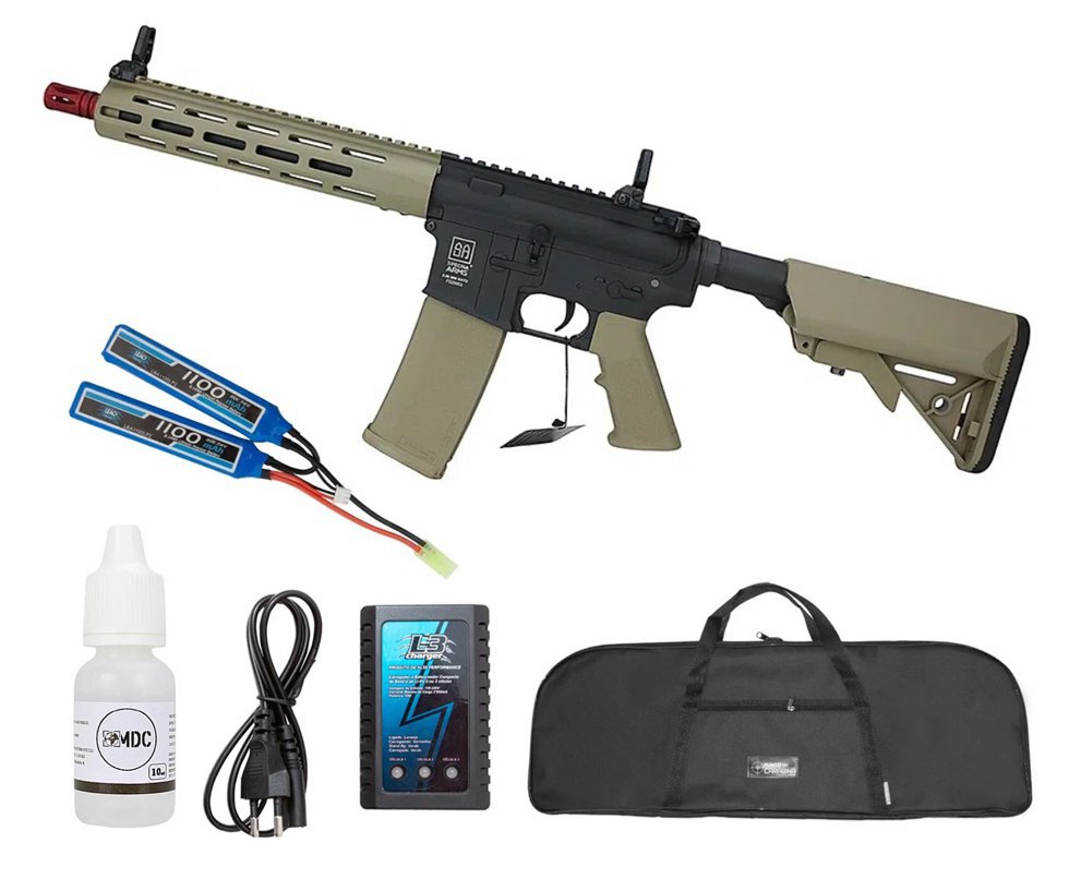 Rifle de Airsoft AEG M4 SA-F03 Flex Half Tan M-LOK - Specna Arms + Bateria 7.4 + Carregador + Capa + Oleode Silicone
