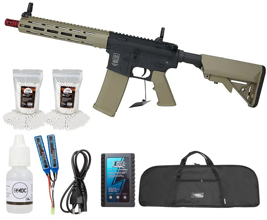 Rifle de Airsoft AEG M4 SA-F03 Flex Half Tan M-LOK - Specna Arms + Bateria + Carregador + Capa + Oleo de Silicone + BBS