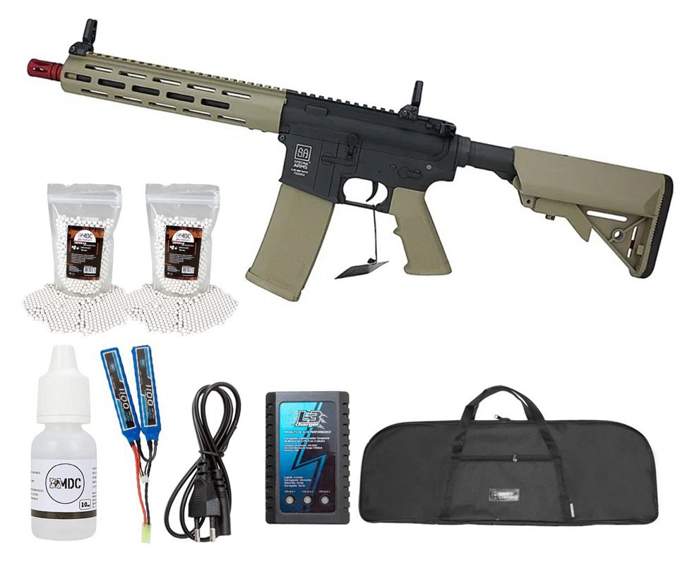 Rifle de Airsoft AEG M4 SA-F03 Flex Half Tan M-LOK - Specna Arms + Bateria + Carregador + Capa + Oleo de Silicone + BBS