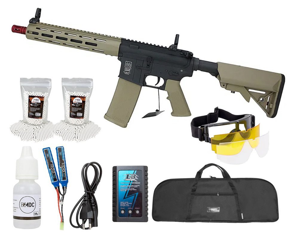 Rifle de Airsoft AEG M4 SA-F03 Flex Half Tan M-LOK - Specna Arms + Bateria 7.4 + Carregador + Capa+ BBs + Óculos de proteção + Oleo de Silicone