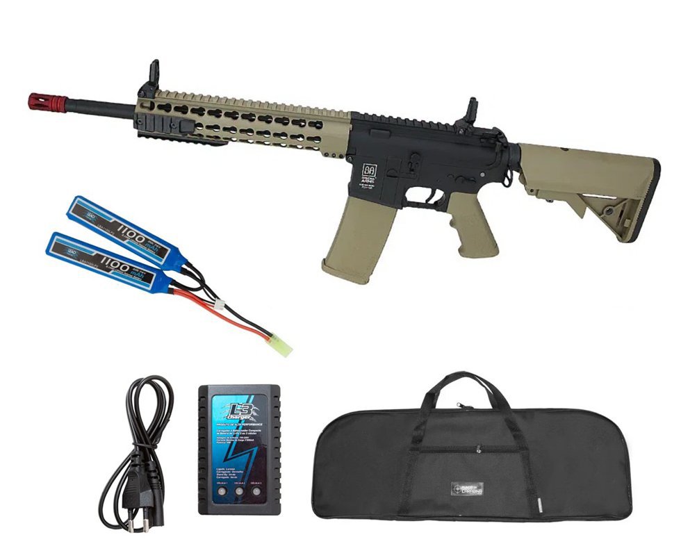 Rifle de Airsoft AEG M4 SA-F02 Half Tan Flex Key MOD 10"- Specna Arms + Bateria 7.4 + Carregador + Capa