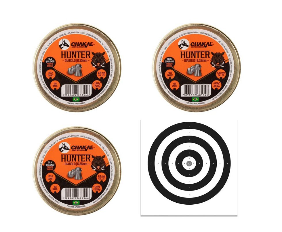 Kit 3 Cx Chumbo Hunter Diabolo 6,35mm - Chakal + Alvos