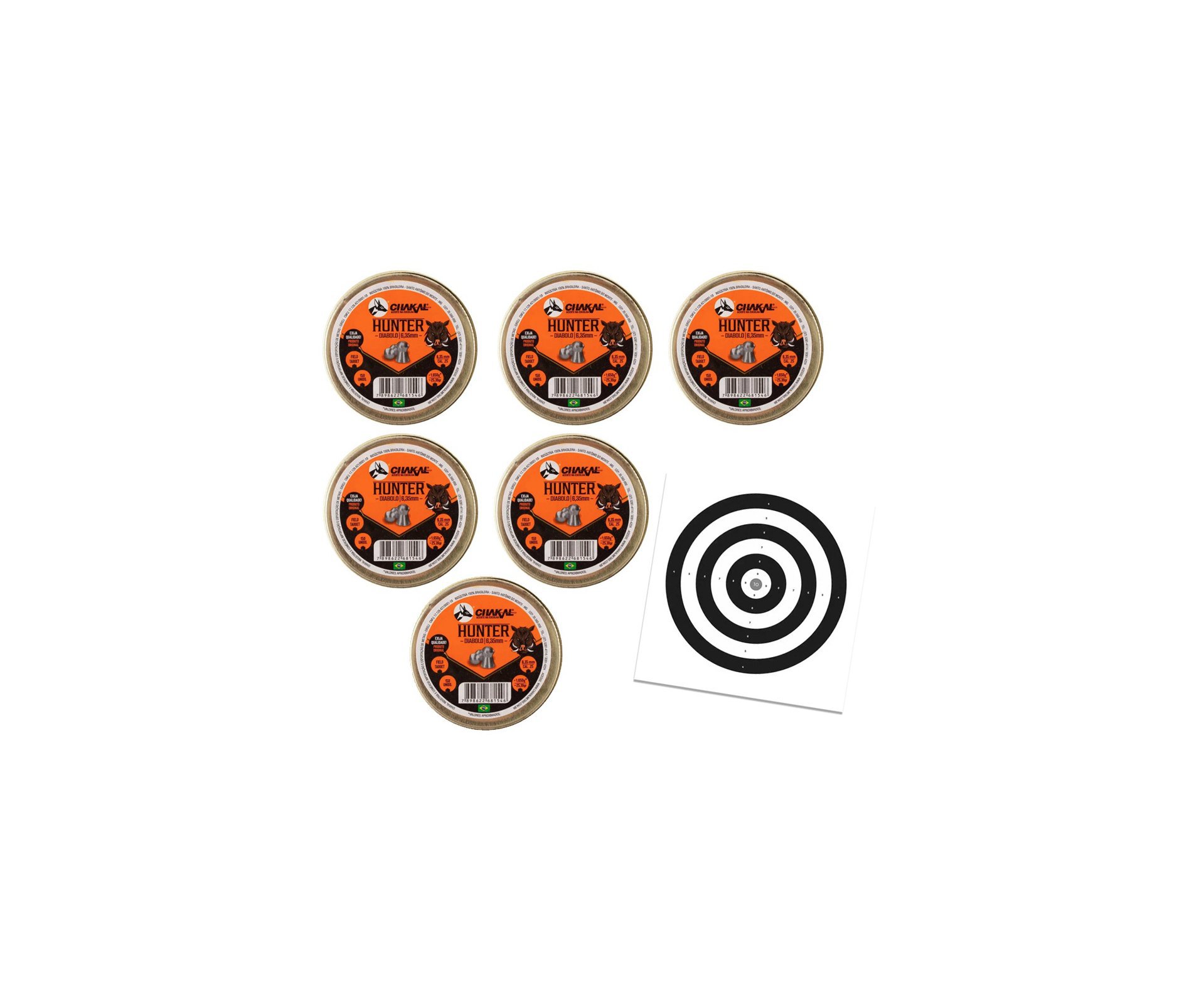 Kit 6 Cx Chumbo Hunter Diabolo 6,35mm - Chakal + Alvos