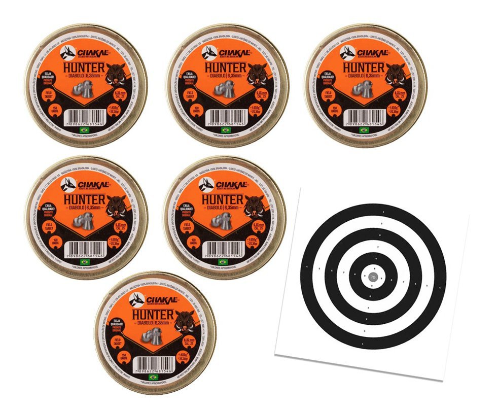 Kit 6 Cx Chumbo Hunter Diabolo 6,35mm - Chakal + Alvos