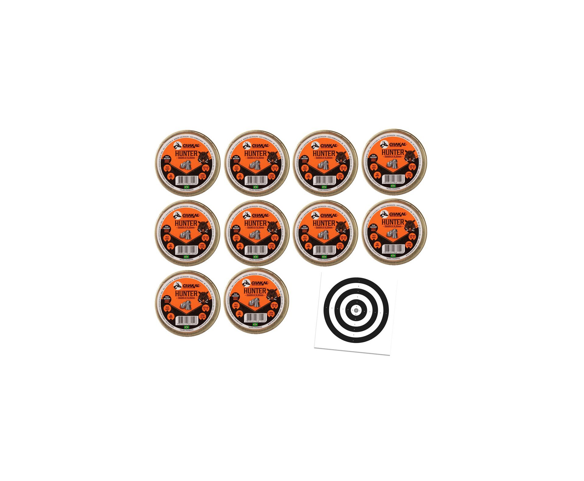 Kit 10 Cx Chumbo Hunter Diabolo 6,35mm - Chakal + Alvos