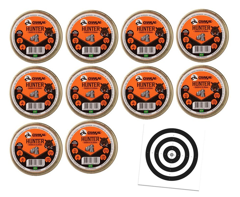 Kit 10 Cx Chumbo Hunter Diabolo 6,35mm - Chakal + Alvos