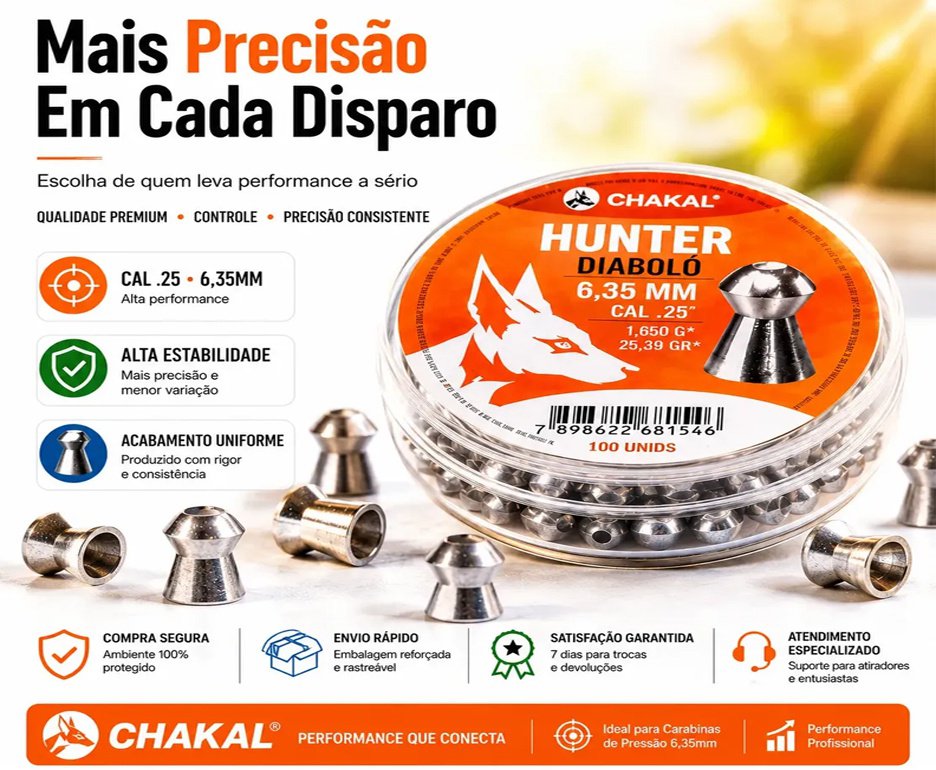 Kit 10 Cx Chumbo Hunter Diabolo 6,35mm - Chakal + Alvos