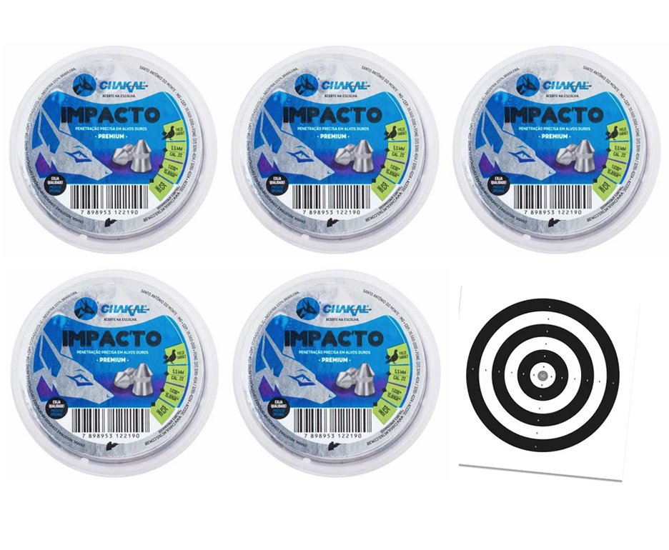 Kit 5 Cx de Chumbos Impacto 5,5 - 125 unds - Chakal + Alvos