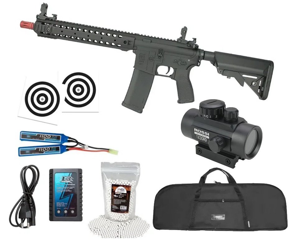 Rifle de Airsoft AEG Full Metal M4 Long SA-E06 Black Edge E-Series + Bateria + Carregador + Capa + BBS + Red Dot + Alvos