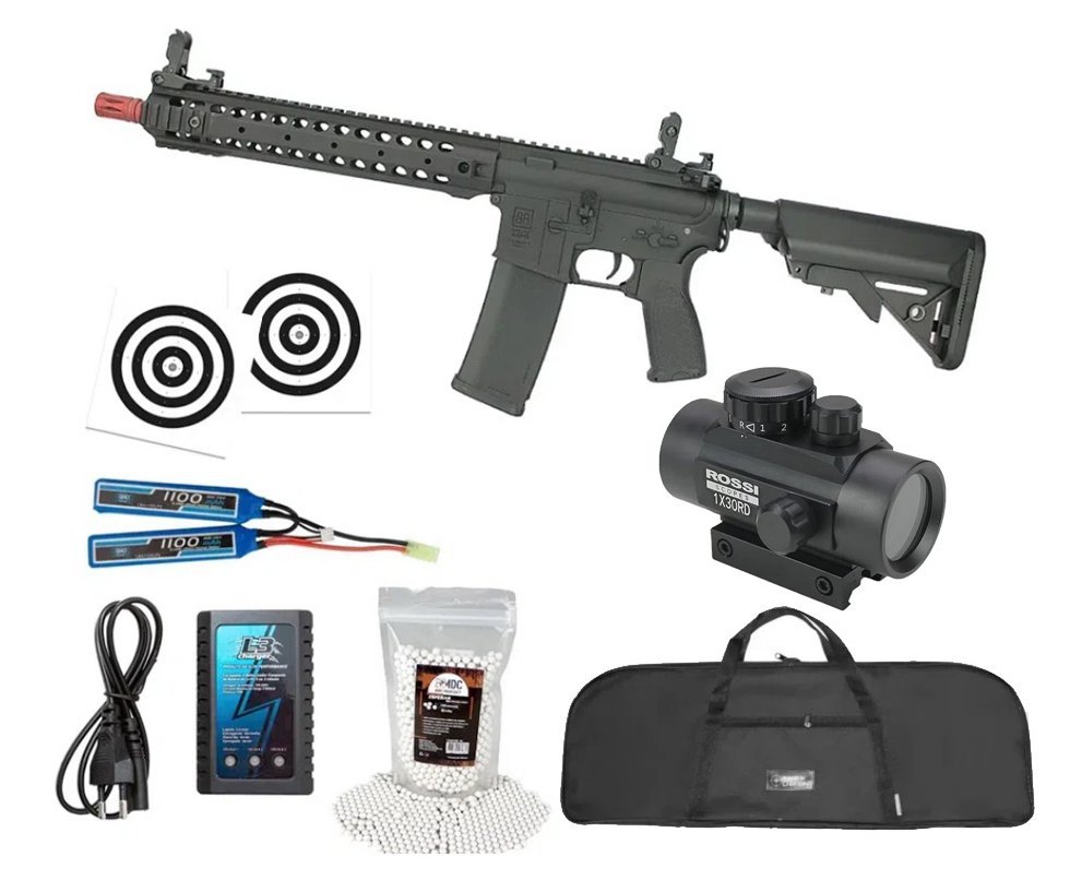 Rifle de Airsoft AEG Full Metal M4 Long SA-E06 Black Edge E-Series + Bateria + Carregador + Capa + BBS + Red Dot + Alvos