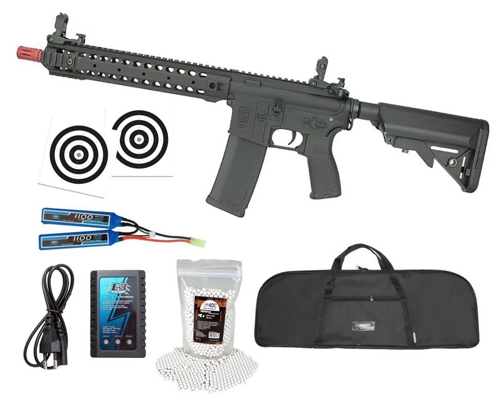 Rifle de Airsoft AEG Full Metal M4 Long SA-E06 Black Edge E-Series + Bateria + Carregador + Capa + BBS + Red Dot + Alvos