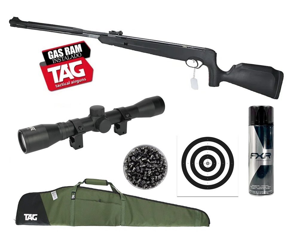 Carabina de Pressão Naja 2.0 Gas Ram Nitro 5.5mm Cano Fixo - TAG + Luneta 4x32 + Capa + Alvos + Chumbo + Desengripante / Anticorrosivo FXR