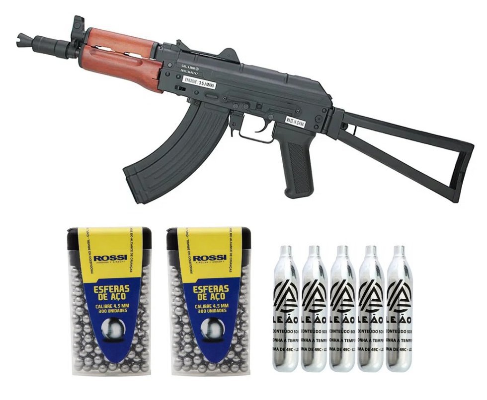 Rifle de Pressão Gás CO2 AKS74U Kalashnikov Full Metal 4.5mm - Cybergun + Co2 + BBS
