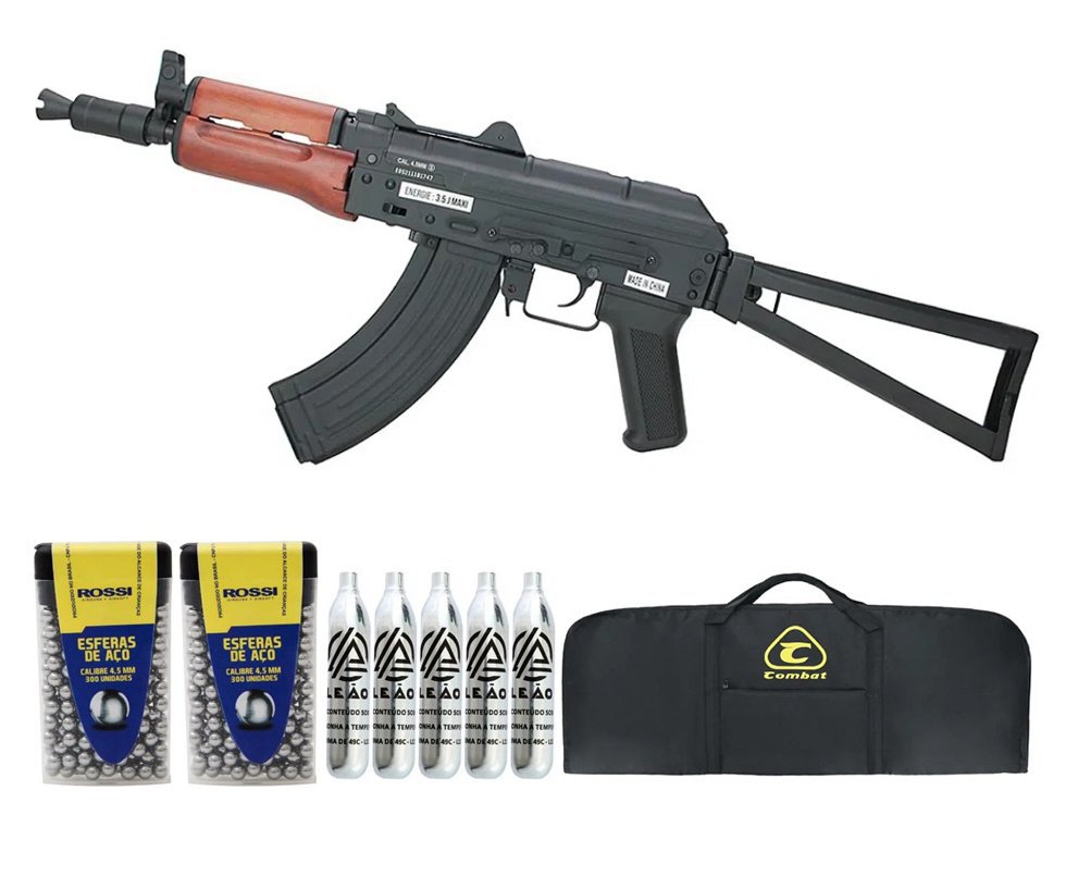 Rifle de Pressão Gás CO2 AKS74U Kalashnikov Full Metal 4.5mm - Cybergun + Co2 + BBS + Capa